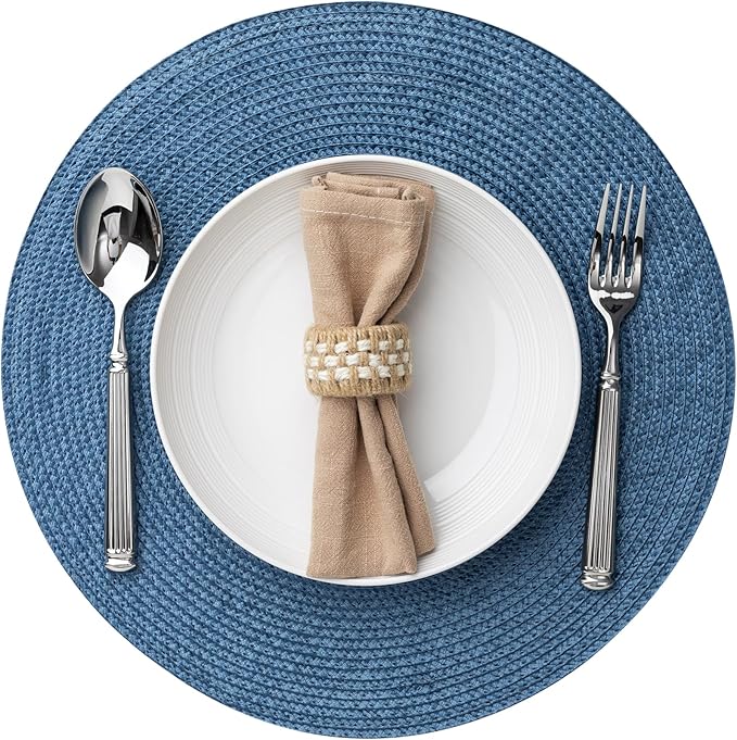 Round Placemats Set of 8 Plastic Woven Placemats Washable Wipeable Table Mats for Dining Table Heat Resistant Non-Slip Circle Place Mats (Royal Blue)