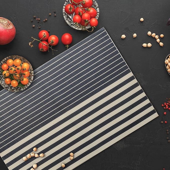 Placemats Set of 4 Vinyl Washable Navy Blue Placemats, 18"x12" Wipeable Heat-Resistant Non-Slip Easy Clean Table Mats Ideal for Dining Table Table Runner and Outdoor (4, Dark Blue Stripe)