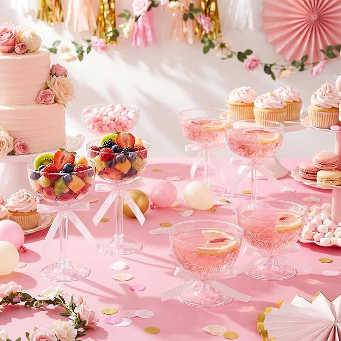 20 Set Disposable Plastic Martini Glasses with Pink Bow 6.5 oz Clear Coupe Glasses Acrylic Champagne Tower a Tini Bit Party Favor Cocktail Unbreakable Dessert Glass for Wedding Birthday