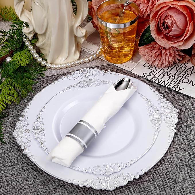 Hioasis 210pcs White and Silver Plates - White Party Plates for 30 Guest, Include 60 Heavy-duty Plates(20% Thicker Than Standard), 30 Pre Rolled silver Plastic Silverware Set, 30 Cups