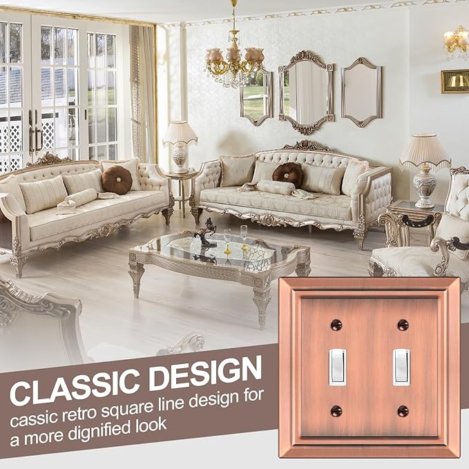 Metal Wall Plate for Electrical Outlets, Decorative Antique Copper Switch Plates Outlet Cover, Light Switch Cover Plate, 2-Gang Wall Plates (Double Toggle, 2 Pack)