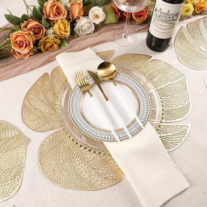 Evevda Gold Leaf Shaped Vinyl Placemats for Dinner Table Set of 6 Metallic Plastic Gold Place Mats Wipeable 6Pcs Table Mats for Wedding Annersary Dinner Table Decoration Mats(17.7x13.8inch/45x35cm)