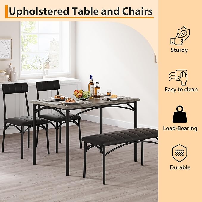 Dining Table Set for 4, Rectangular Kitchen Table and Chairs Set of 4 for Small Spaces, Modern Dining Room Table Set with Upholstered Bench and 2 Chairs, Space Saving Dining Furniture for Apartments