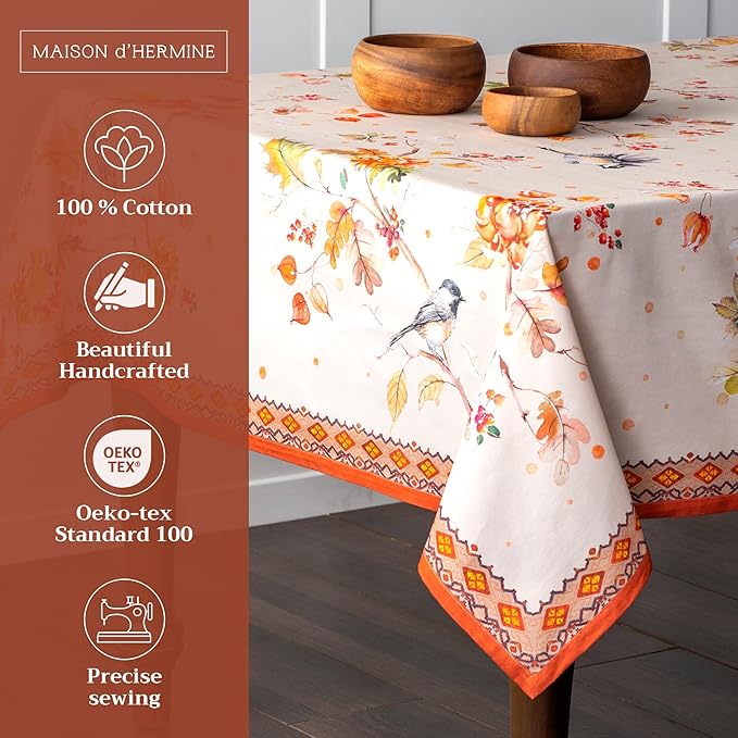 Maison d' Hermine Table Cloth Rectangle Table 100% Cotton 70 x 90 Inches Fall Tablecloth Reusable Everyday Use for Thanksgiving Christmas Decorations Dining Farmhouse Party (Kelim - Prairie)