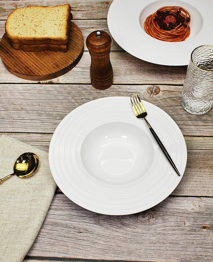 Ceramic Wide Rimmed Soup Plate, Soup Bowl 12 oz, Pasta Bowl Set of 4, White Shallow Bowl Plate with Rim, Best choice for high-end restaurants, hotels, and foodies,11.4 Inch Coil relief