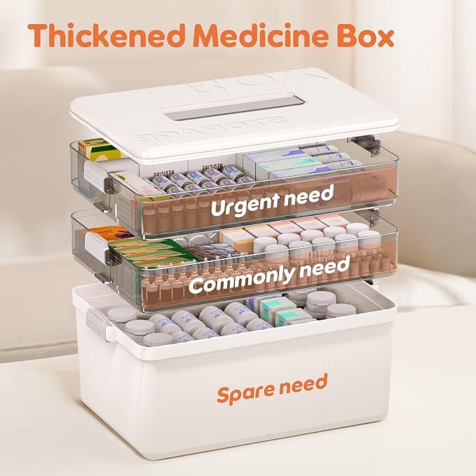 Citylife 3-Tier Medicine Cabinet Organizer,Medicine Cabinet First Aid Kit with Handle,Portable Multi-Purpose Storage Box Suitable for Family Emergency,Home,Travel,White