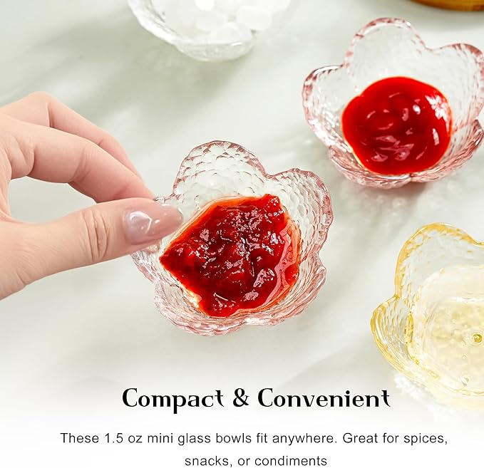 kanpura Mini Glass Bowls, Flower Shaped Prep Bowl, Dishwasher Safe, Pinch Bowls for Dipping Spices Sauce, Stackable, 1.5 oz, Set of 6, (Clear)