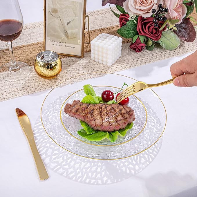 Rubtlamp 30Guest Plastic Gold Dinnerware Set, Gold Plastic Plates, Heavy Duty Disposable Dinnerware Include 30 Dinner Plate,30 Dessert Plates, 90 gold Silverware