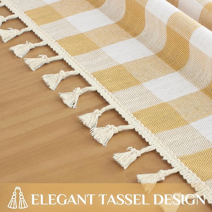 Softalker Checkered Tablecloth Rectangle, Outdoor Linen Cotton Gingham Table Cloth with Tassel, Heavy Duty Wrinkle Free Buffalo Plaid Table Cover for Kitchen Dining Home Party - 55 x 84 Inch, Yellow
