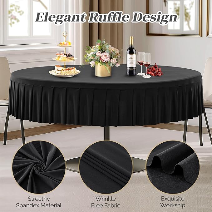 2 Pack Black Spandex Round Tablecloths for 60 Inch Tables, Stretchy Fitted 5FT Cloths, Wrinkle-Free Cover With Skirt for Wedding Party Dining Banquet
