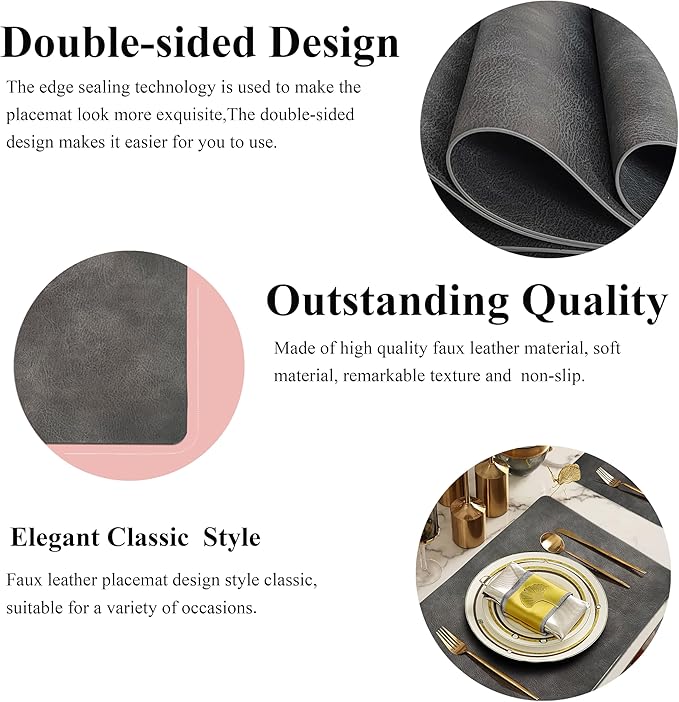 Cowhide Pattern PU Leather Placemats Set of 6 Heat Resistant Kitchen Table Mats, Non-Slip Dining Table Decorations, Double-Sides Waterproof Wipeable Place mats(Grey)