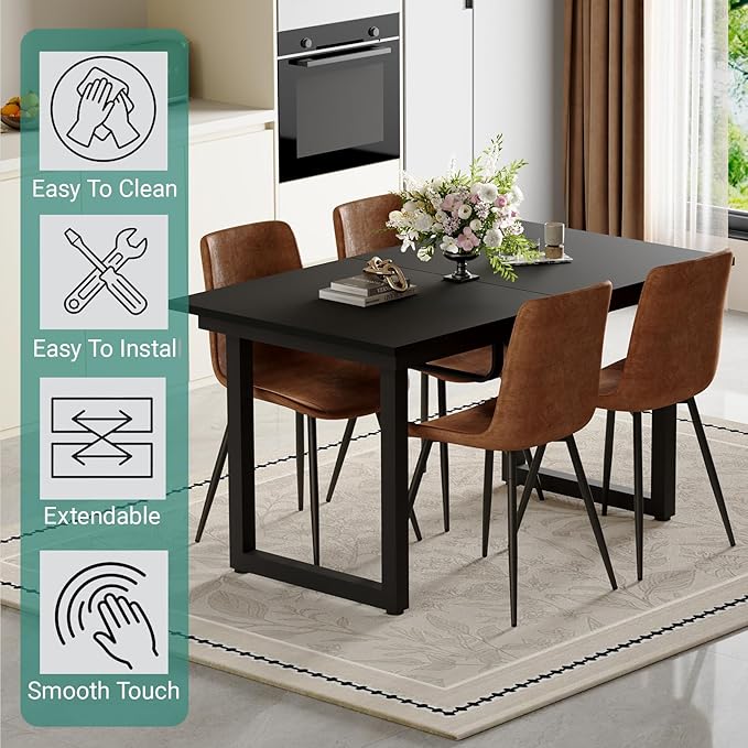 Extendable Dining Table Set for 8, 55"–71" Modern Black Kitchen Table with 8 Upholstered Chairs, Space-Saving for Living Room Apartment, Sturdy & Comfortable, Easy Assembly