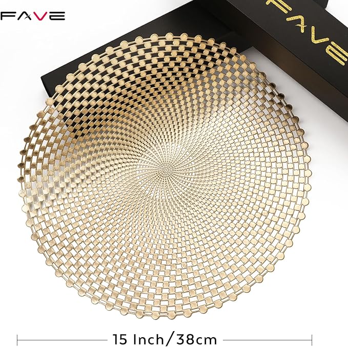 FAVE 10 PCS Gold Vinyl Round Placemats, Spiral Hollow Out Design for Large Gatherings, Party Decor, Birthdays, Restaurant (15 Inch,10PCS)