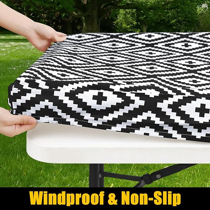 Smiry Rectangle Table Cloth Cover, Waterproof Elastic Fitted Picnic Tablecloth for 4 Foot Tables, Wipeable Flannel Backed Vinyl Tablecloths for Camping, Dining, Outdoor (Black, 30" x 48")