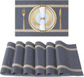 FAVE Placemats Set of 12 Blue Placemats Woven with Golden Thread Durable and Wipeable Vinyl Place Mats Heat Resistant Table Mats Set of 12 for Kitchen Table (Blue, 12"x18"-12PCS)