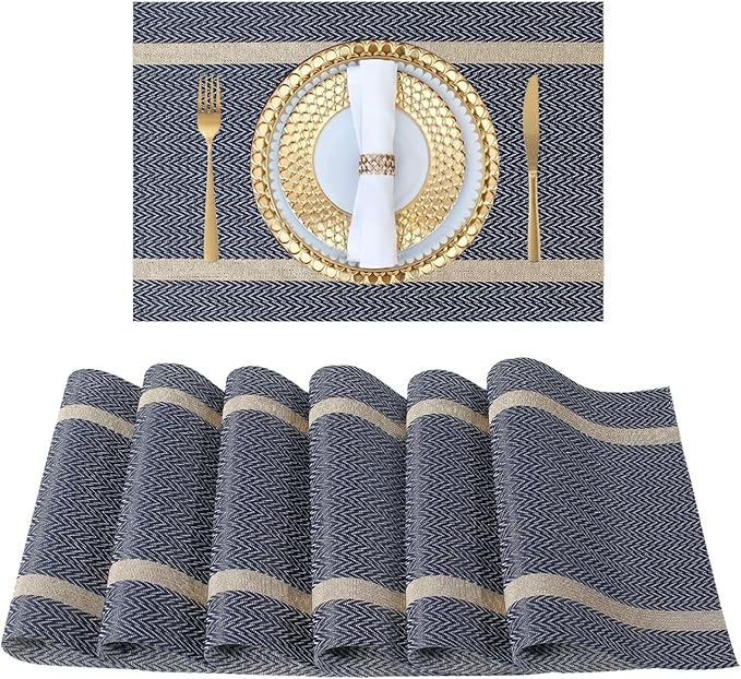 FAVE Placemats Set of 8 Blue Placemats Woven with Golden Thread Durable and Wipeable Vinyl Placemats Table Mats Set of 8 for Wedding, Banquet, Birthday, Party, Restaurant (Blue, 12"x18"-8PCS)