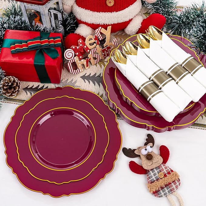 Liacere 350PCS Red Plastic Plates-Disposable Burgundy Red and Gold Plates 50guest Baroque Plastic Dinnerware include 100Plates, 50Pack Pre Rolled Napkins with Silverware 50Cups for Christmas