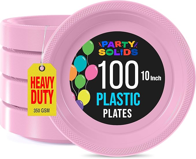 Pink Plastic Plates For Party 10" Pink Disposable Plates Heavy Duty 100 Pcs Plastic Dinnerware Sets Heavy Duty 350 GSM Disposable Dinnerware Set