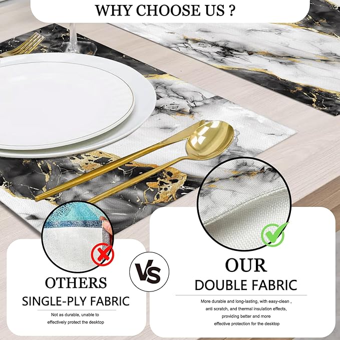 Mcalk Black Marble Table Runner and Placemats Set of 6, Marble Print Placemats, Modern Cloth Place Mats Indoor for Kitchen,Washable Linen Material for Dining Table