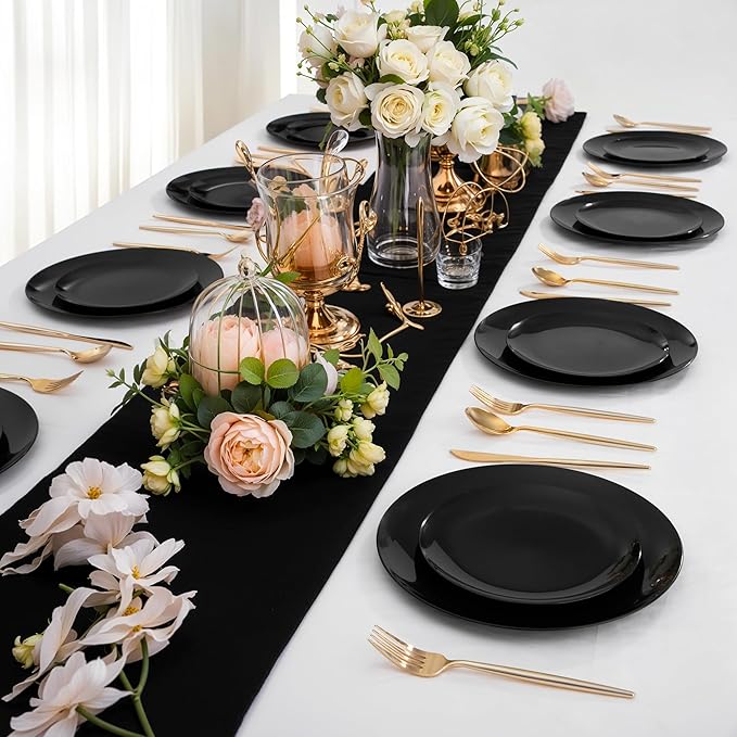 I00000 200 PCS Black Plastic Plates for 100 Guests Include: 10.25 inch 100 Pieces Dinner Plate and 7.5 inch 100 Pieces Dessert Plate, Premium Plastic Plates Perfect for Birthday, Wedding & Party