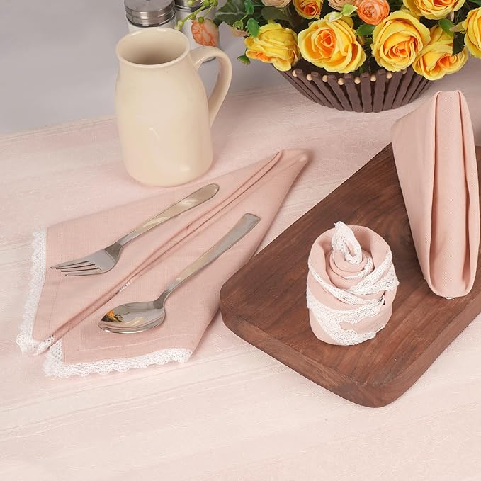 FINGERCRAFT Dinner Cloth Napkin Cotton Linen Blend 4 Pack Mitered Corners with Elegant Lace for Everyday Use Napkins are Pre Shrunk and Good Absorbency Pink