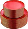PULOTE 100PCS Red Plastic Plates Disposable Heavy Duty - Include 50 Dinner / 50 Dessert Plates for Party & Christmas