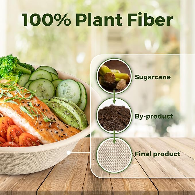 [500 COUNT]Harvest Pack PFAS FREE 32oz Compostable Round Paper Bowls, Heavy-Duty Eco-Friendly Disposable Bagasse Large Soup Bowls, sugarcane made for Meal Prep Takeout Dinnerware, Microwave Safe