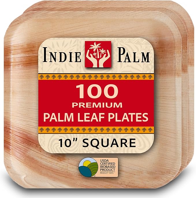 Indie Palm Disposable Palm Leaf Plates – 100 Pack 10 Inch Square – Heavy Duty, 100% Compostable & Biodegradable – Eco-Friendly Alternative to Plastic & Bamboo – Perfect for Parties & Events
