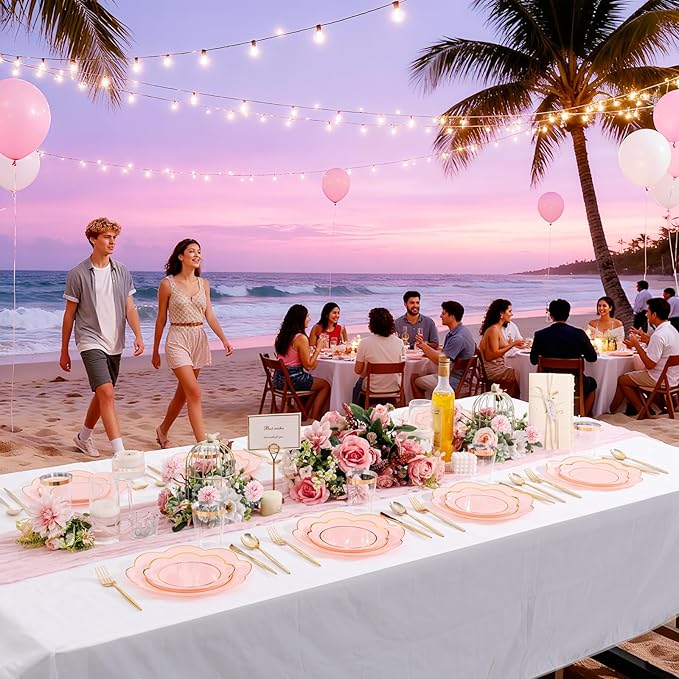 EI 180pcs Pink Plastic Plates with Gold Plastic Silverware,Heavy-Duty Disposable Plates for Party,White Dinnerware Set for 30 Guest Wedding,Birthday,Valentine's Day