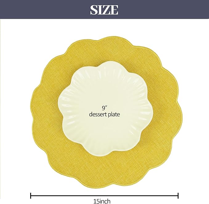 AHHFSMEI Round Faux Linen Placemats Set of 6 Waterproof Table Mats Heat Resistant Non-Slip and Stain Proof for Kitchen Dining Elegant Decor(Yellow,6)