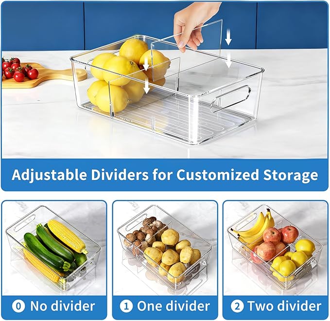 10 Pack Pantry Organizers and Storage,Clear Plastic Containers with 2 Dividers for Kitchen,Fridge Organization and Storage,Acrylic Bins for Pounches,Spice Packet,Snack organzier