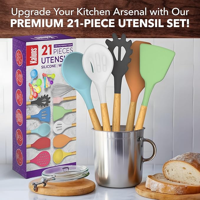 Kitchen Utensils Set, 21 Wood and Silicone Cooking Utensil Set, Non-Stick and Heat Resistant Kitchen Utensil Set, Kitchen Tools