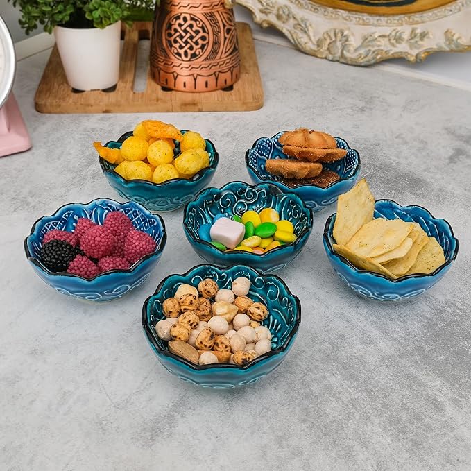 BCS Ceramic Pinch Bowls Set of 6, Small Bowls for Dipping - Cooking Prep & Charcuterie Board Bowls, Soy Sauce Dish, Turquoise Handmade Decorative Serving Dishes (3.2'' - 3 oz)