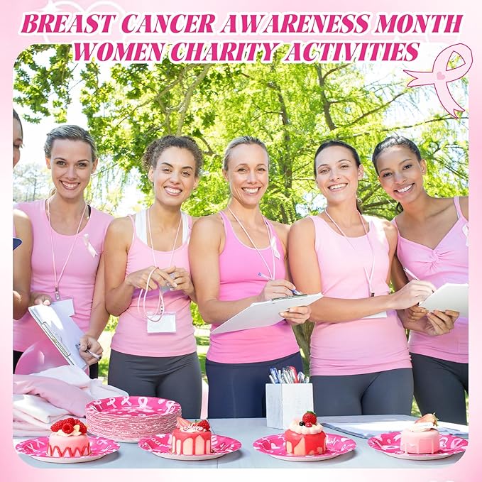 60 Pcs Breast Cancer Awareness Decorations 7 Inch Pink Ribbon Survivor Paper Plates Disposable Party Supplies Hope Love Cure Plates for Breast Cancer Awareness Month Women Charity Activities
