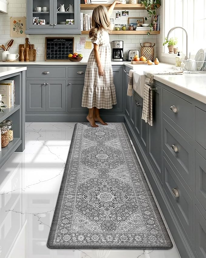 Color&Geometry Anti Fatigue Kitchen Mats for Floor 24x87, Vintage Decor, Easy Clean, Waterproof & Oil Proof, 0.4" Thick Cushioned, Non-Slip Kitchen Runner Rug for Sink, Laundry, Office, Grey