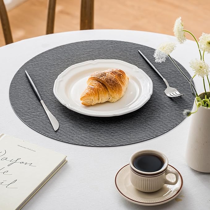 Jovono 15" Faux Leather Big Round Placemats Set of 4 - Washable Heat Resistant Non-Slip Dining Table Mats with Fabric Texture for Kitchen Home Party Decor, Gray