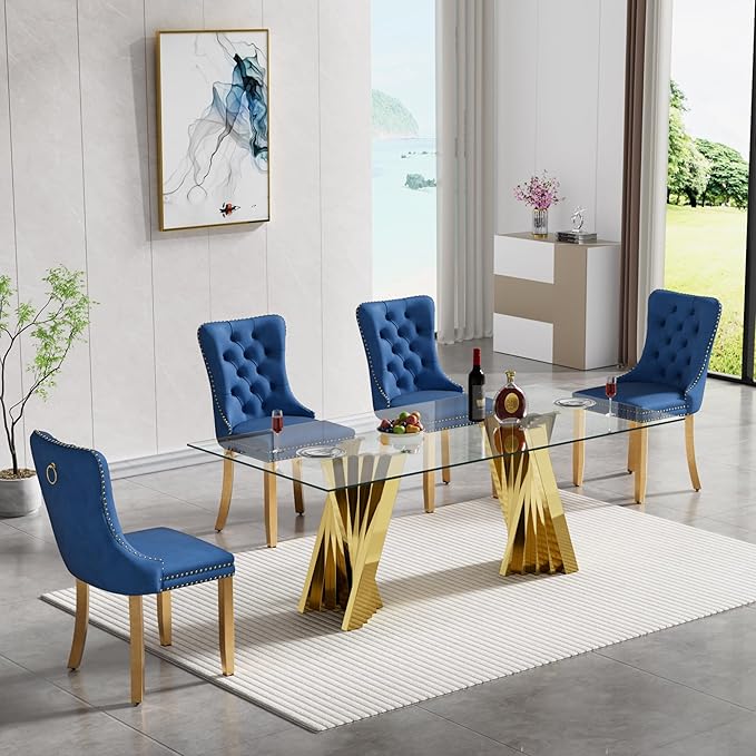 5 Piece Glass Dining Table Set,70" Dinner Room Glass Table Set for 4,Modern Kitchen Dinner Table Set with Stainless Steel Base and 4 Upholstered Velvet Dining Chairs for Living Dining Room