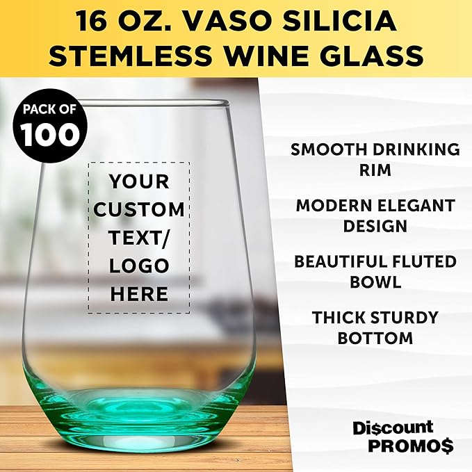 DISCOUNT PROMOS 100 Vaso Silicia Stemless Wine Glasses Set, 16 oz. - Personalized Text, Logo - Clear, Orb-Like, Thick base - Green