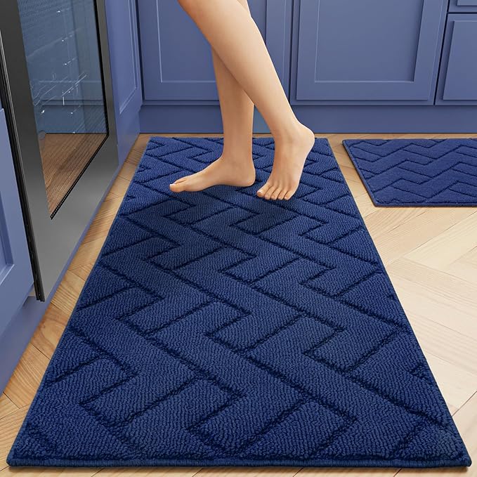 hicorfe Kitchen Runner Rug and Mats Sets,2 Pieces Super Absorbent Polypropylene Non-Slip Rug,Soft Comfort Floor Mat,Washable for Kitchen,Hallway,Office,Sink,Laundry(20" x 32"+20" x 59",Navy Blue)