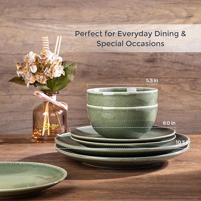 AmorArc Ceramic Dinnerware Sets for 8, 24 Pieces Handpainted Plates and Bowls Set, Scratch Resistant Stoneware Dishes Set, Dishwasher & Microwave Safe, Jade Green