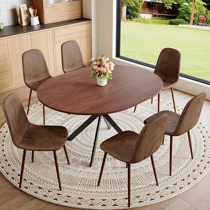 Round Dining Table Set for 6｜42"-54" Extendable Dining Room Table Set｜Wooden Kitchen Table with 6 Chairs｜Mid Century Modern Dinner Table Set with Cross Legs｜Easy Assembly｜Space Saving