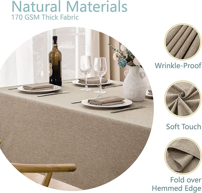 Rectangle Tablecloth Linen Textured Waterproof & Stain Resistant Table Cloth Wrinkle Free Decorative Fabric Farmhouse Table Cover for Dining/Party/Buffet/Wedding, 52 x 70 Inch, Mocha