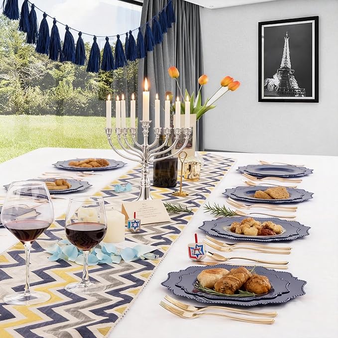 COLOSUS Navy Blue Disposable Plastic Party Plates Set Include 60pcs (30 guest) Dinner plate and Dessert Plate Heavy weight Party Dinnerware Plates