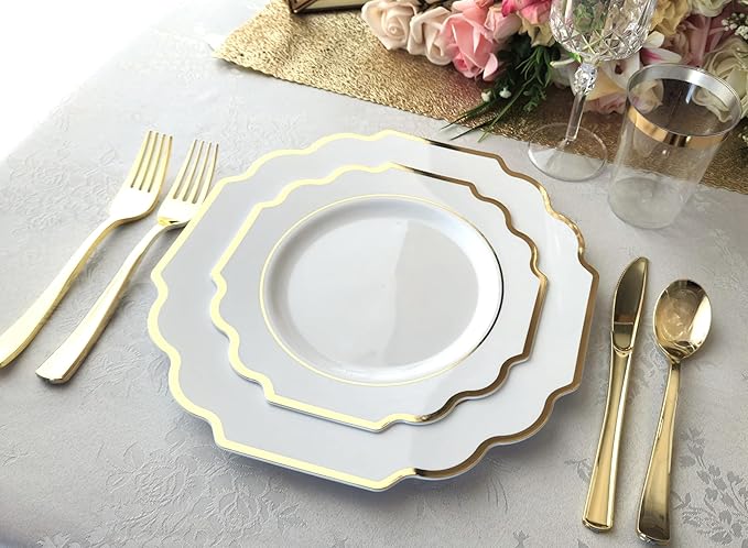 " OCCASIONS " 50 Plates Pack (25 Guests)-Heavyweight Wedding Party Disposable Plastic Plate Set -(25x10.5'' Dinner + 25x8'' Salad/Dessert) (Imperial White & Gold)