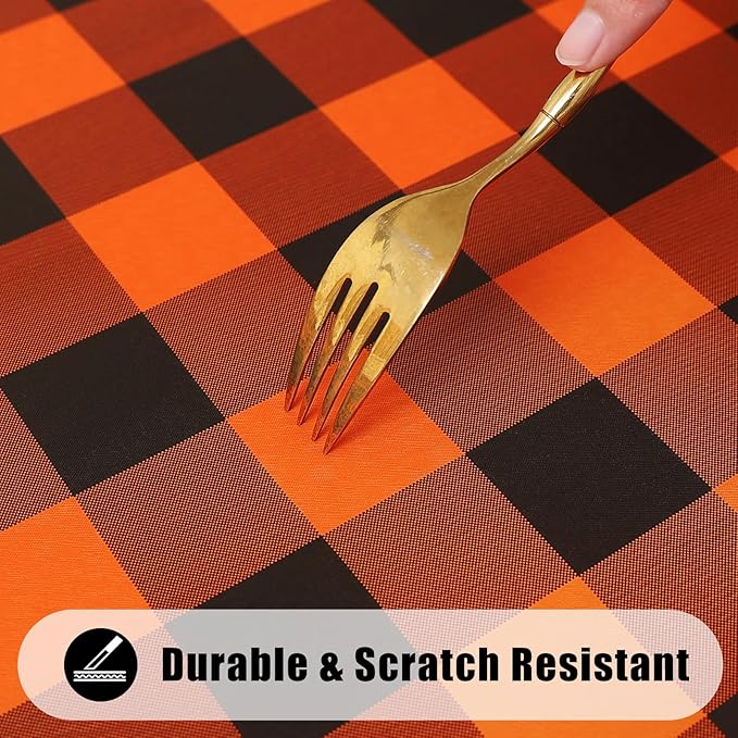 Smiry Rectangle Picnic Table Cloth, Elastic Waterproof Fitted Vinyl Tablecloths, Flannel Backed Buffalo Plaid Table Covers for Dining, Camping, Outdoor (Black and Orange, 30" x 72")