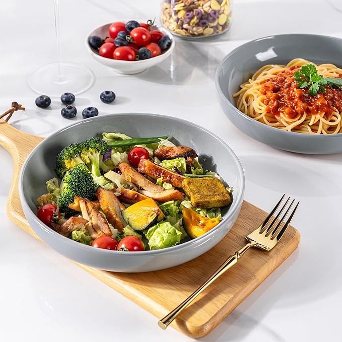 AmorArc 8.75'' Large Ceramic Pasta Bowls, 36oz Handpainted Stoneware Bowls Set of 4, Microwave&Dishwasher Safe Bowls with Wavy Rim&Rustic Terracotta Underside for Pasta Salad, Gray