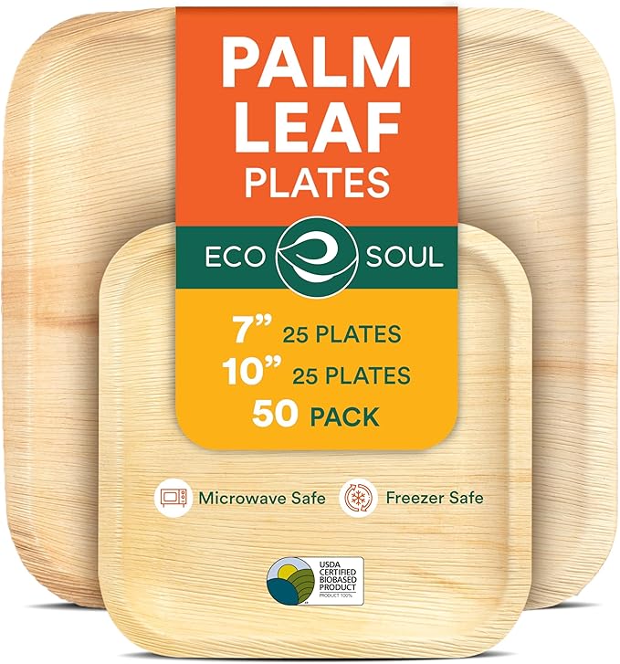 ECO SOUL Palm Leaf Square Plates 7" & 10" (50 Count) Compostable|Biodegradable| Eco-Friendly Disposable Party Plates for Appetizers - Dinner Parties, Wedding, Events & Camping Essentials