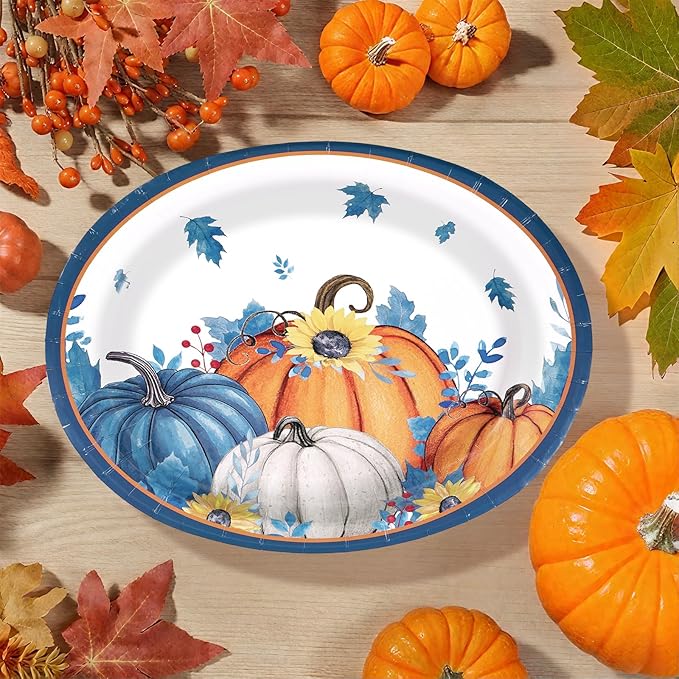 50Pcs Fall Oval Paper Plates Thanksgiving Plates 10" X 12" Large Disposable Blue White Pumpkin Plate Autumn Sunflower Platter Dinner Tableware for Autumn Harvest Thanksgiving Party Decorations
