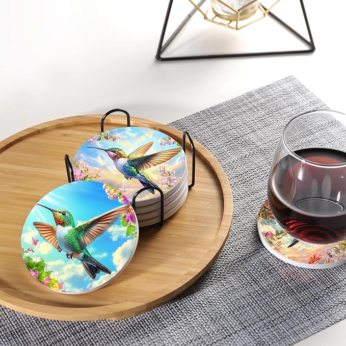 Drink Coasters for Drinks Set of 6, Spring Hummingbird and Floral Blossom Absorbent Round Ceramic Stone Mat Coaster, with Cork Base and Metal Holder, Home Bar Decor House Warming Gift