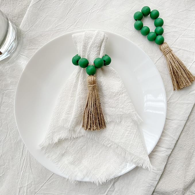 Napkin Rings Set of 12,Wooden Napkin Ring,Wood Bead Elastic Farmhouse Napkin Holder with Tassel,Boho Napkin Rings for Table Decor,Weeding,Dinner,Party (Green)